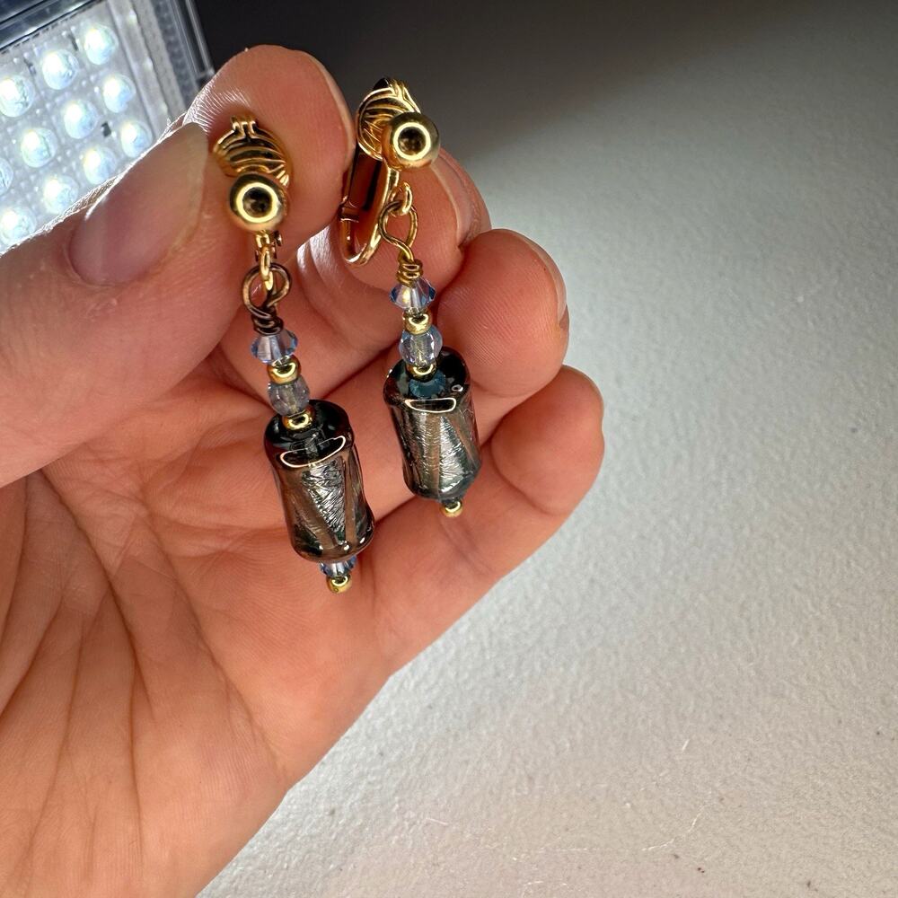vintage 1/20 14k gold filled clip on earrings iridescent glass bead dangle